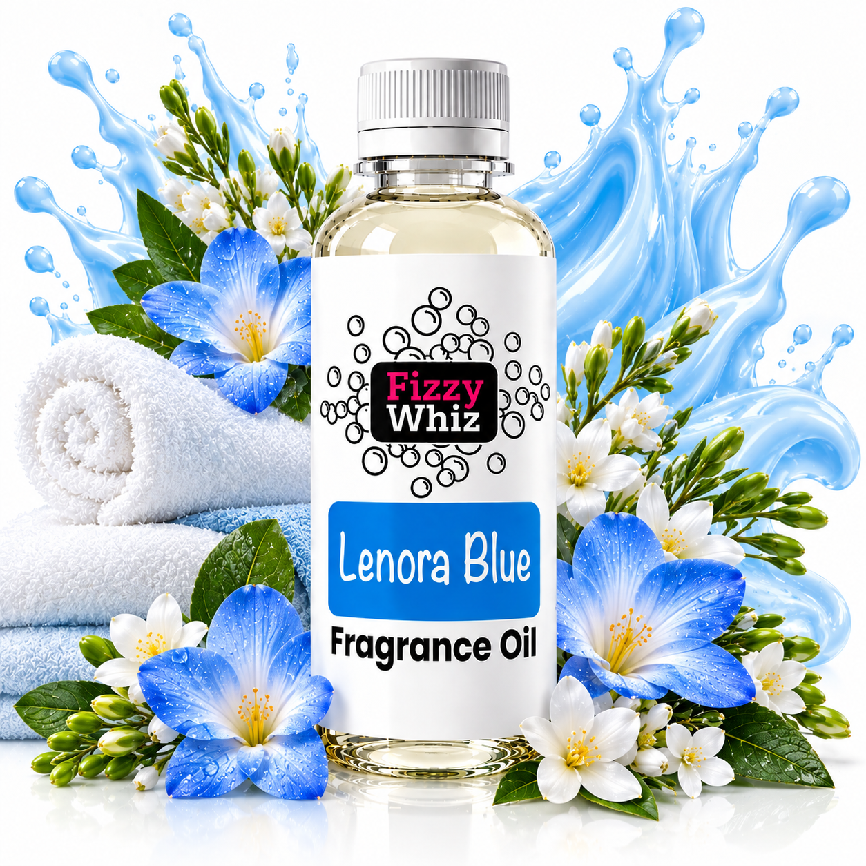 A bottle of Fizzy Whiz Lenora Blue Fragrance Oil centered on a white background with decorative blue flowers, green leaves, folded white towels, and blue splash graphics behind it.