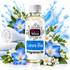 A bottle of Fizzy Whiz Lenora Blue Fragrance Oil centered on a white background with decorative blue flowers, green leaves, folded white towels, and blue splash graphics behind it.