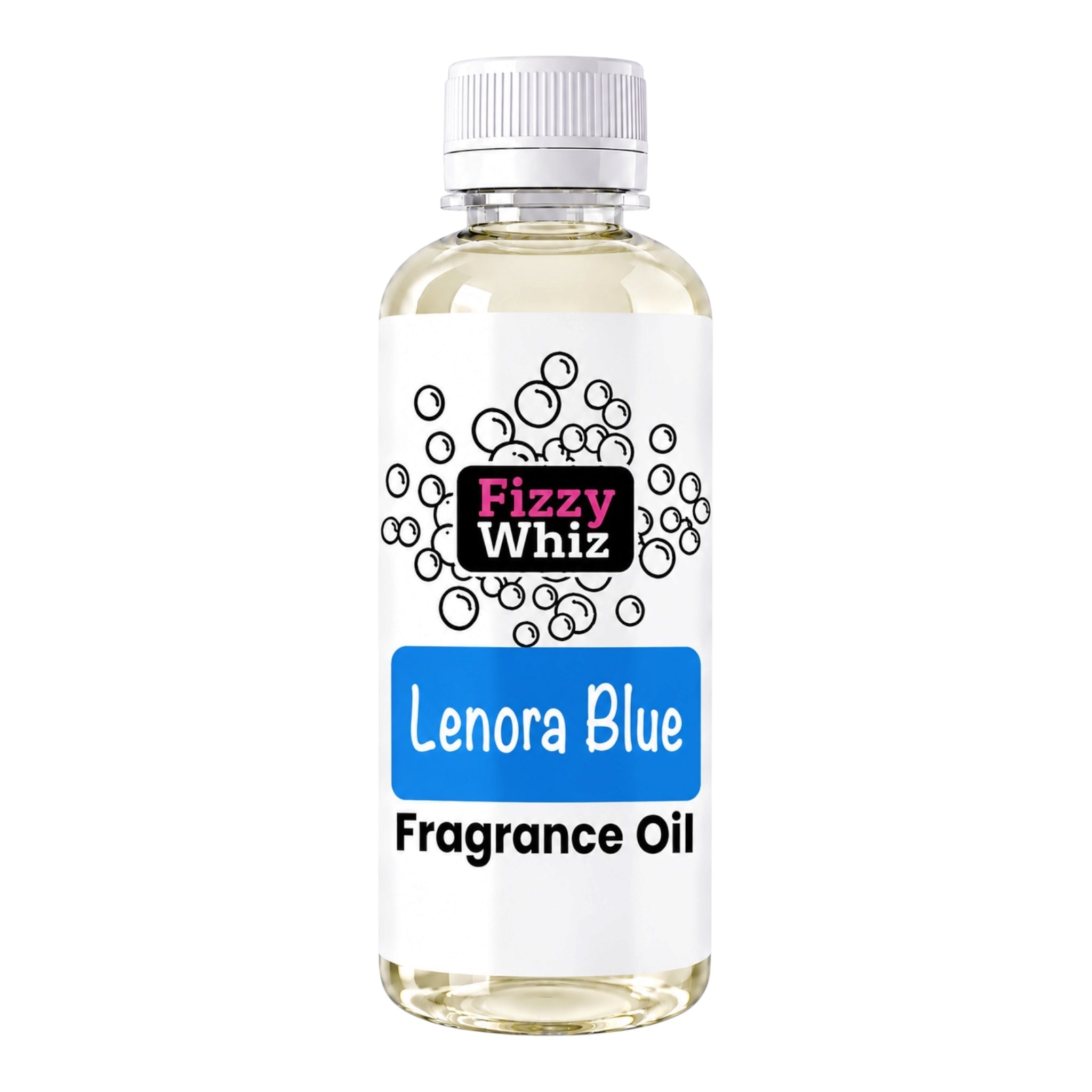 A bottle of Fizzy Whiz Lenora Blue Fragrance Oil on a solid white background. The bottle is made of clear plastic, showing the pale yellow liquid inside, and has a white screw cap and a white label with black and blue text.