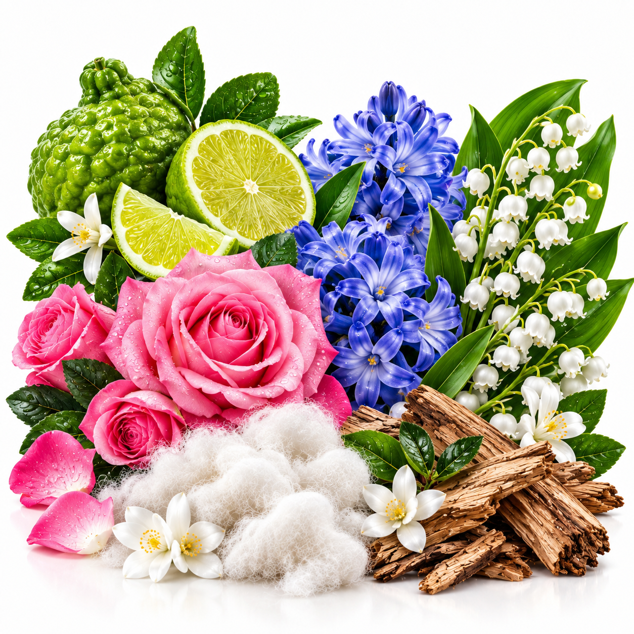 A styled botanical arrangement on a white background featuring pink roses, blue hyacinths, white lily of the valley, a green bumpy fruit, lime slices, white flowers, cotton fibers, and pieces of brown bark.