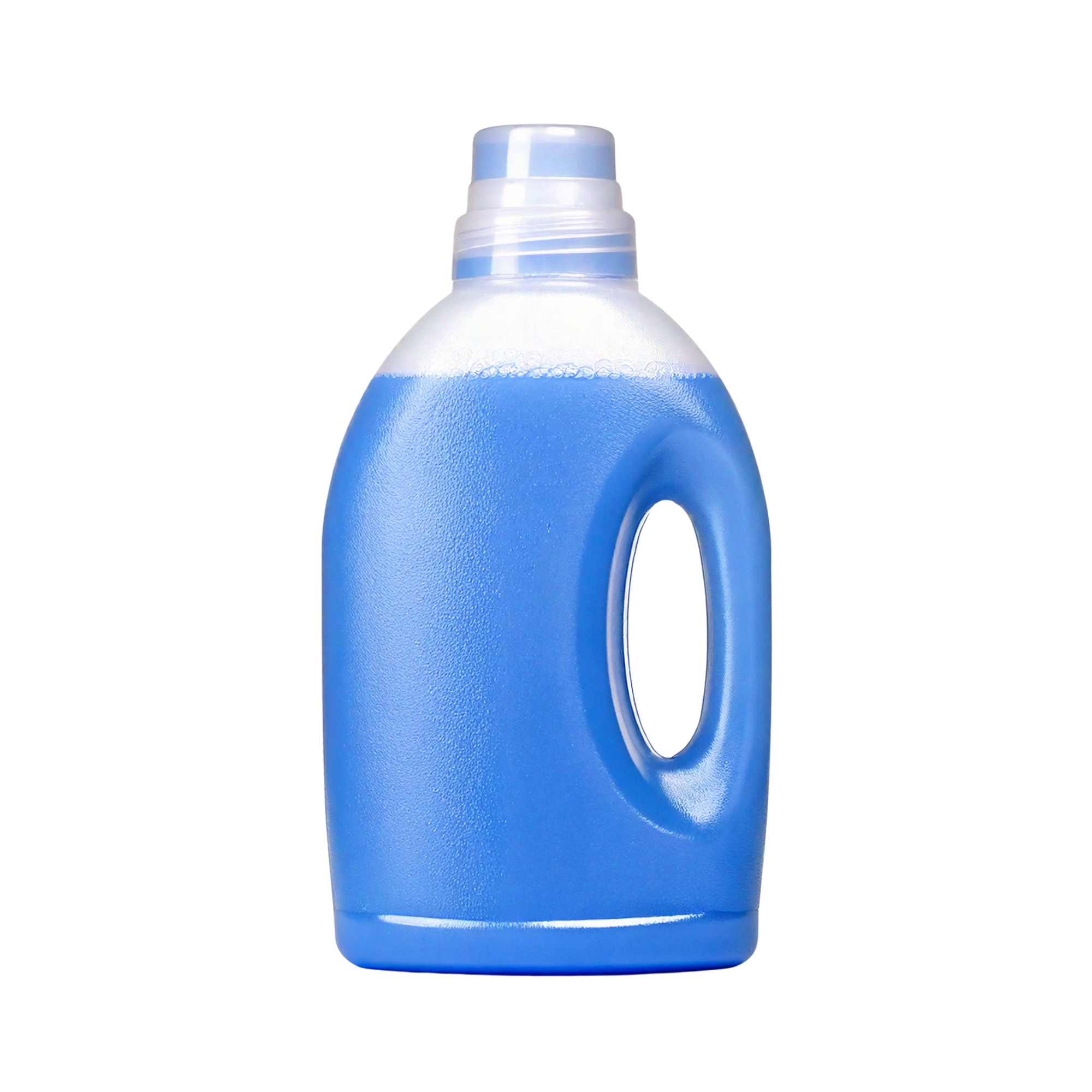 Blue plastic laundry detergent bottle with built-in handle and screw cap, shown upright on a light background.