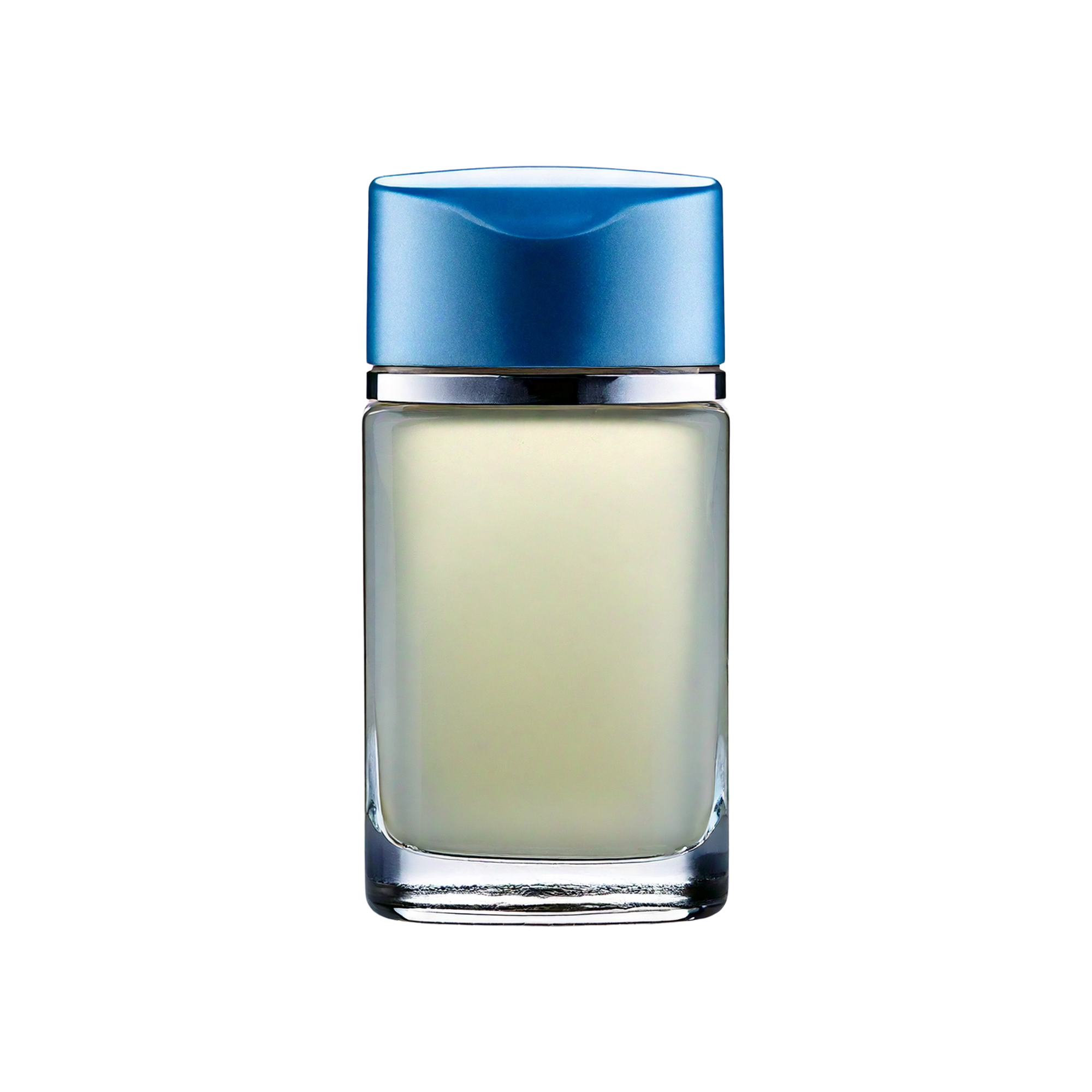 Clear rectangular bottle filled with pale blue liquid, topped with a blue cap and silver collar, shown upright on a light background.