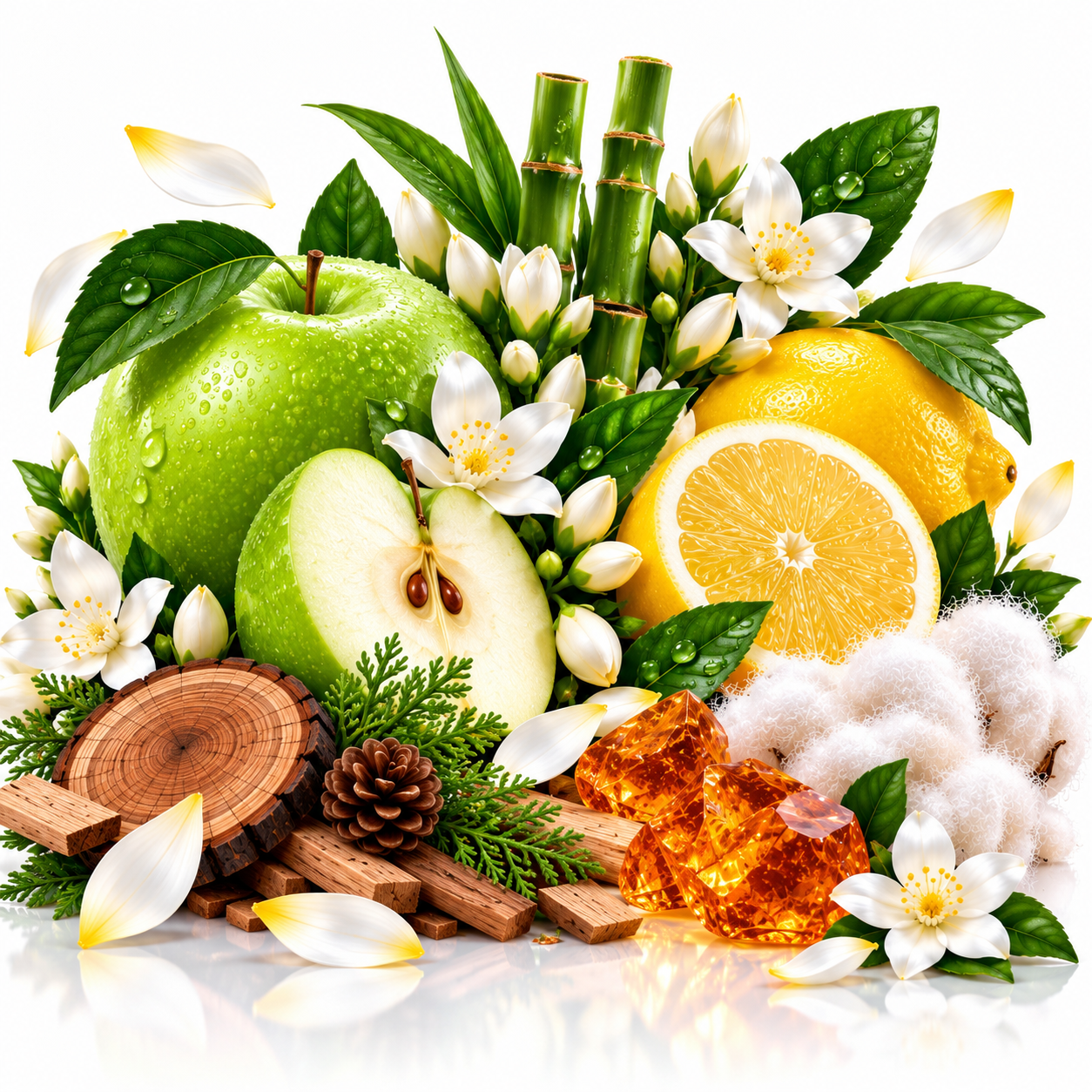 A styled botanical product arrangement on a white reflective surface featuring a green apple, sliced apple, yellow citrus, white blossoms, green leaves, bamboo, wood slices, pinecone, cinnamon sticks, and amber-colored resin cubes.