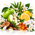 A styled botanical product arrangement on a white reflective surface featuring a green apple, sliced apple, yellow citrus, white blossoms, green leaves, bamboo, wood slices, pinecone, cinnamon sticks, and amber-colored resin cubes.