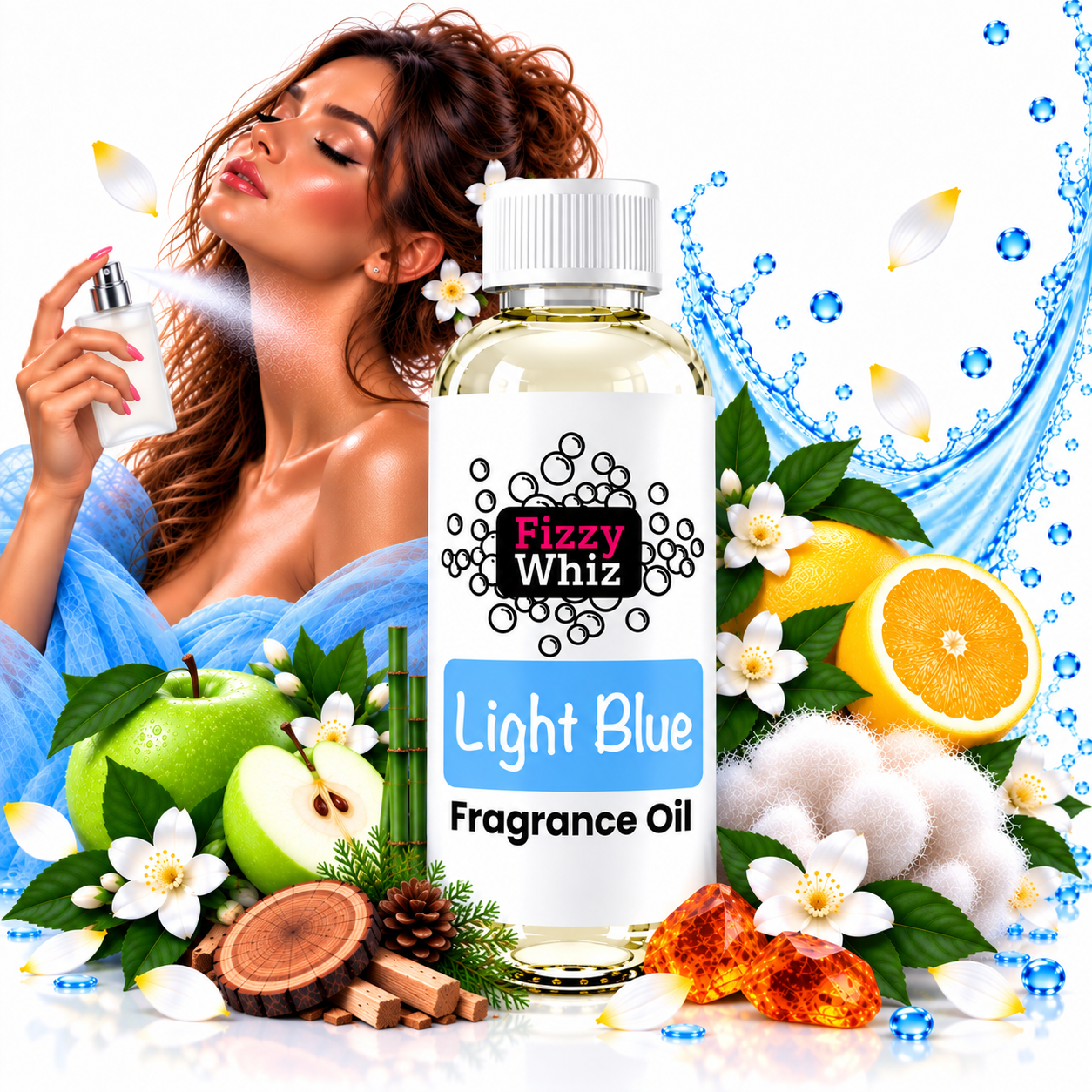 A bottle of Fizzy Whiz Light Blue Fragrance Oil centered in a stylized commercial composition, surrounded by citrus, green apple, white blossoms, blue water graphics, and a woman spraying the fragrance oil. The product label reads 'Fizzy Whiz' and 'Light Blue Fragrance Oil.
