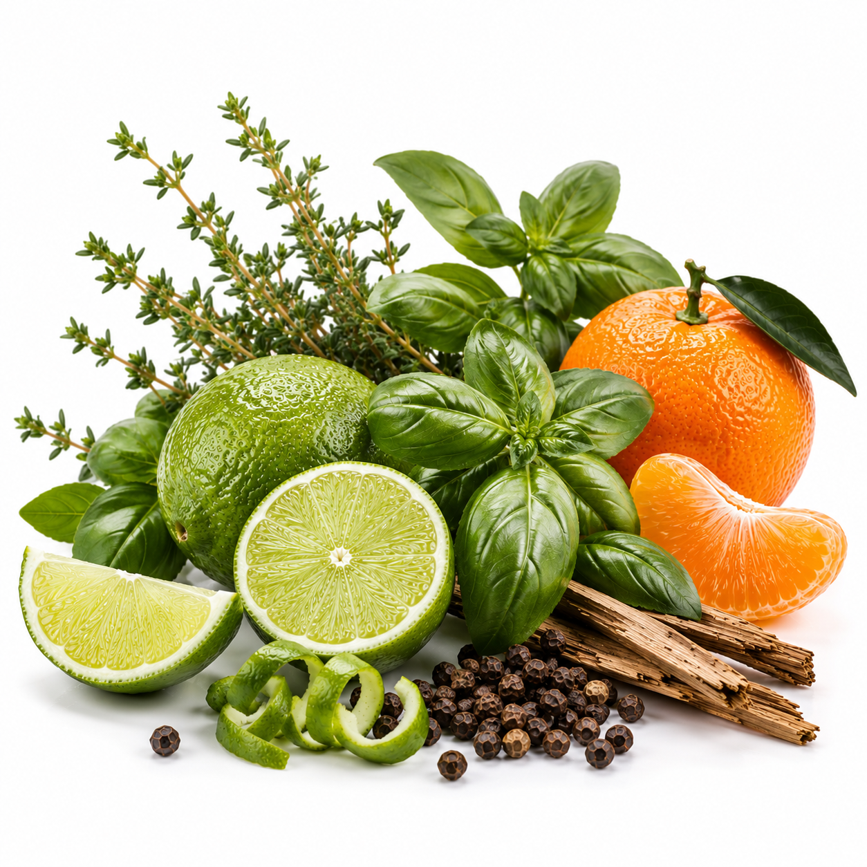 A styled arrangement of fresh citrus and herbs on a white background, including a whole lime, a sliced lime wedge, a peeled orange segment, a whole orange, basil leaves, thyme sprigs, cinnamon sticks, and black peppercorns.