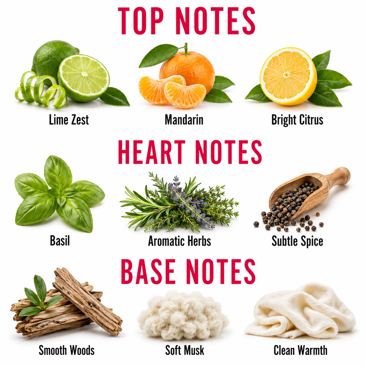 A fragrance notes infographic with red headers reading TOP NOTES, HEART NOTES, and BASE NOTES. The top notes section shows lime zest, mandarin slices, and a bright citrus slice labeled 'Lime Zest', 'Mandarin', and 'Bright Citrus'.