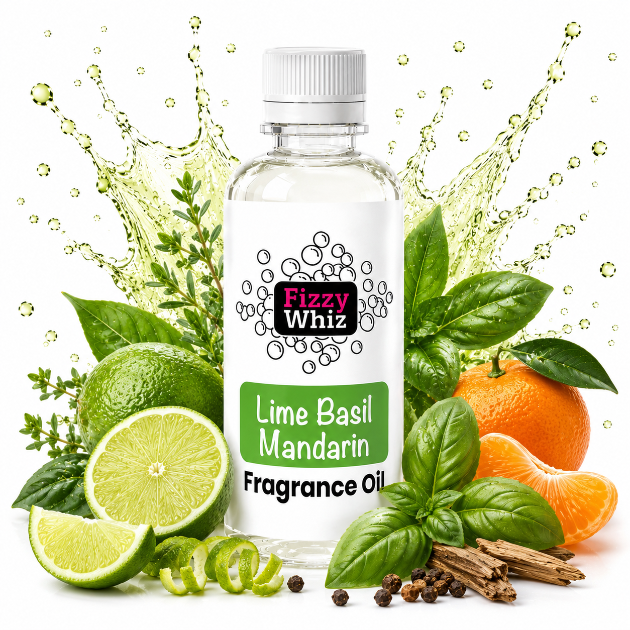 A bottle of Fizzy Whiz Lime Basil Mandarin Fragrance Oil centered on a white background, surrounded by fresh ingredients including limes, basil leaves, mandarin oranges, cinnamon sticks, and peppercorns, with a green splash graphic behind it.