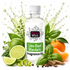 A bottle of Fizzy Whiz Lime Basil Mandarin Fragrance Oil centered on a white background, surrounded by fresh ingredients including limes, basil leaves, mandarin oranges, cinnamon sticks, and peppercorns, with a green splash graphic behind it.