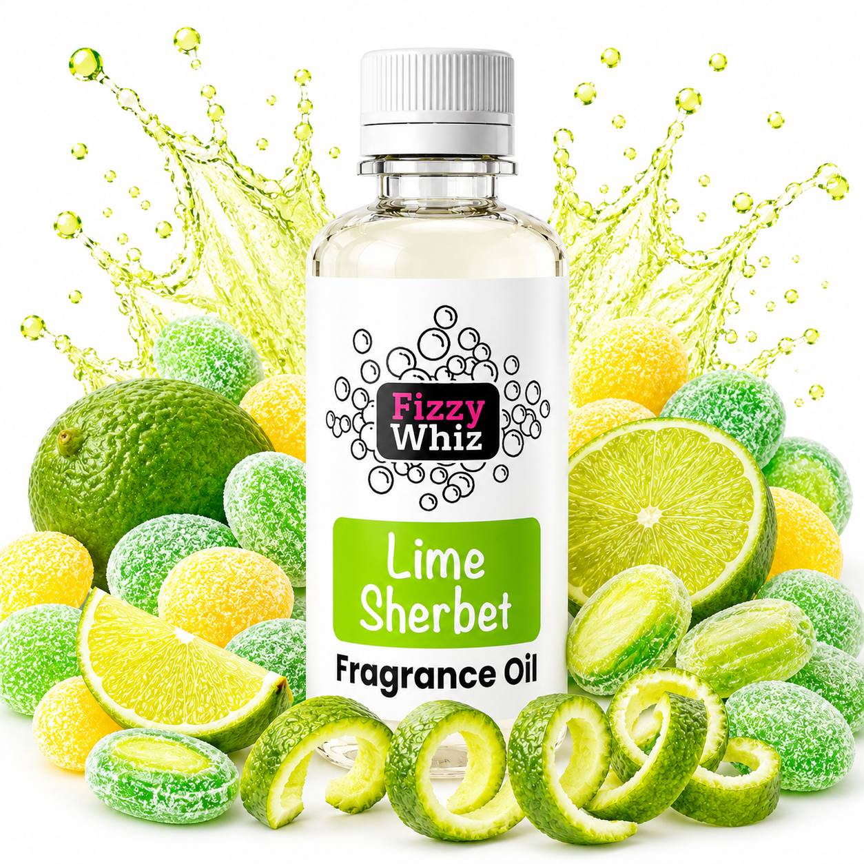 A bottle of Fizzy Whiz Lime Sherbet Fragrance Oil centered on a white background, surrounded by sliced limes, whole limes, and sugar-coated citrus pieces with yellow and green tones and a green liquid splash behind it.