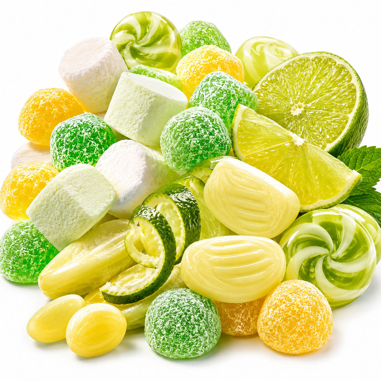 A pile of assorted sweet candies and fruit slices on a white background, including green and white swirled lollipops, yellow and green sugar-coated candies, pale yellow candy pearls, and lime wedges and slices.