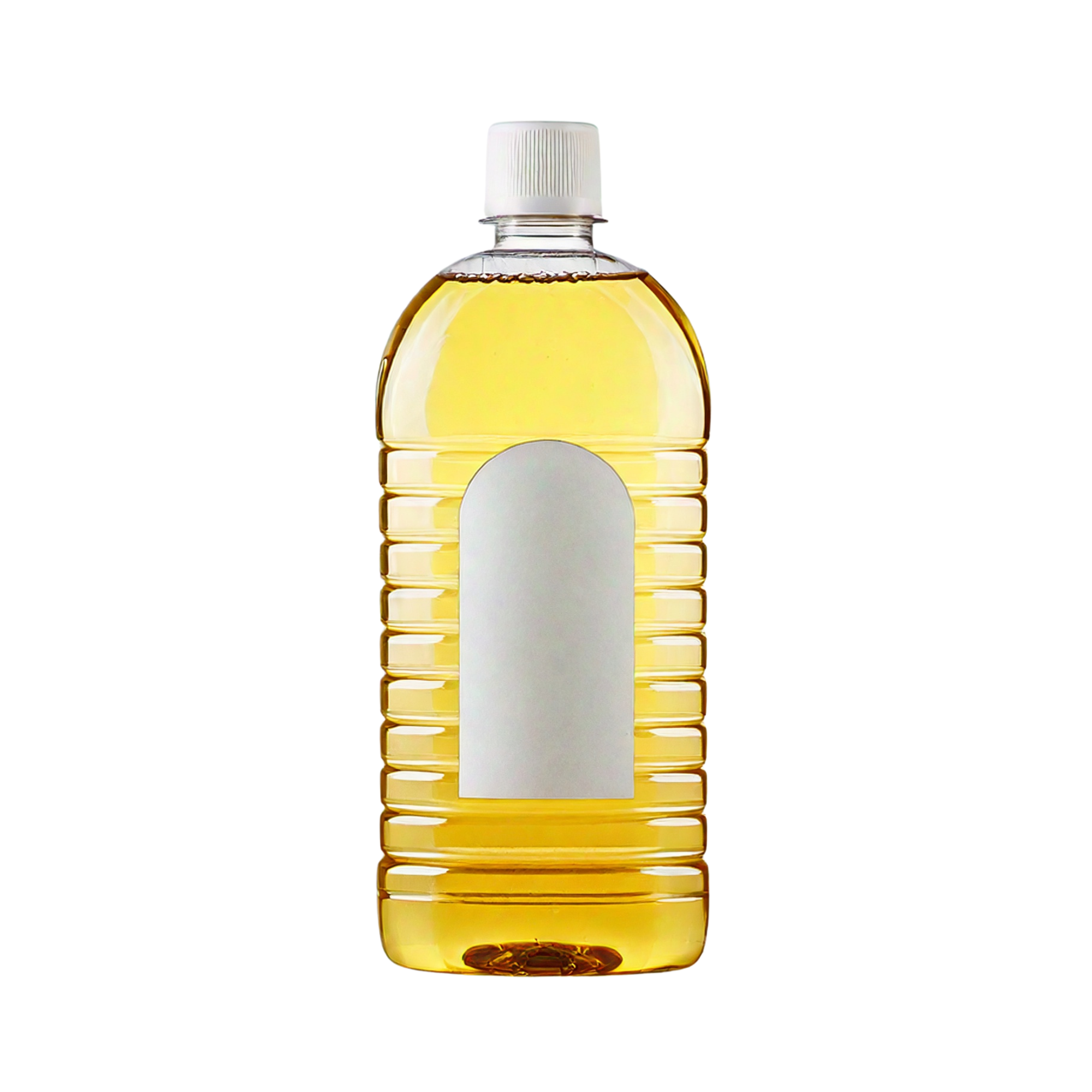 Clear plastic bottle filled with pale yellow liquid, featuring a ribbed body, white screw cap, and a plain rectangular label on the front, displayed upright on a light background.