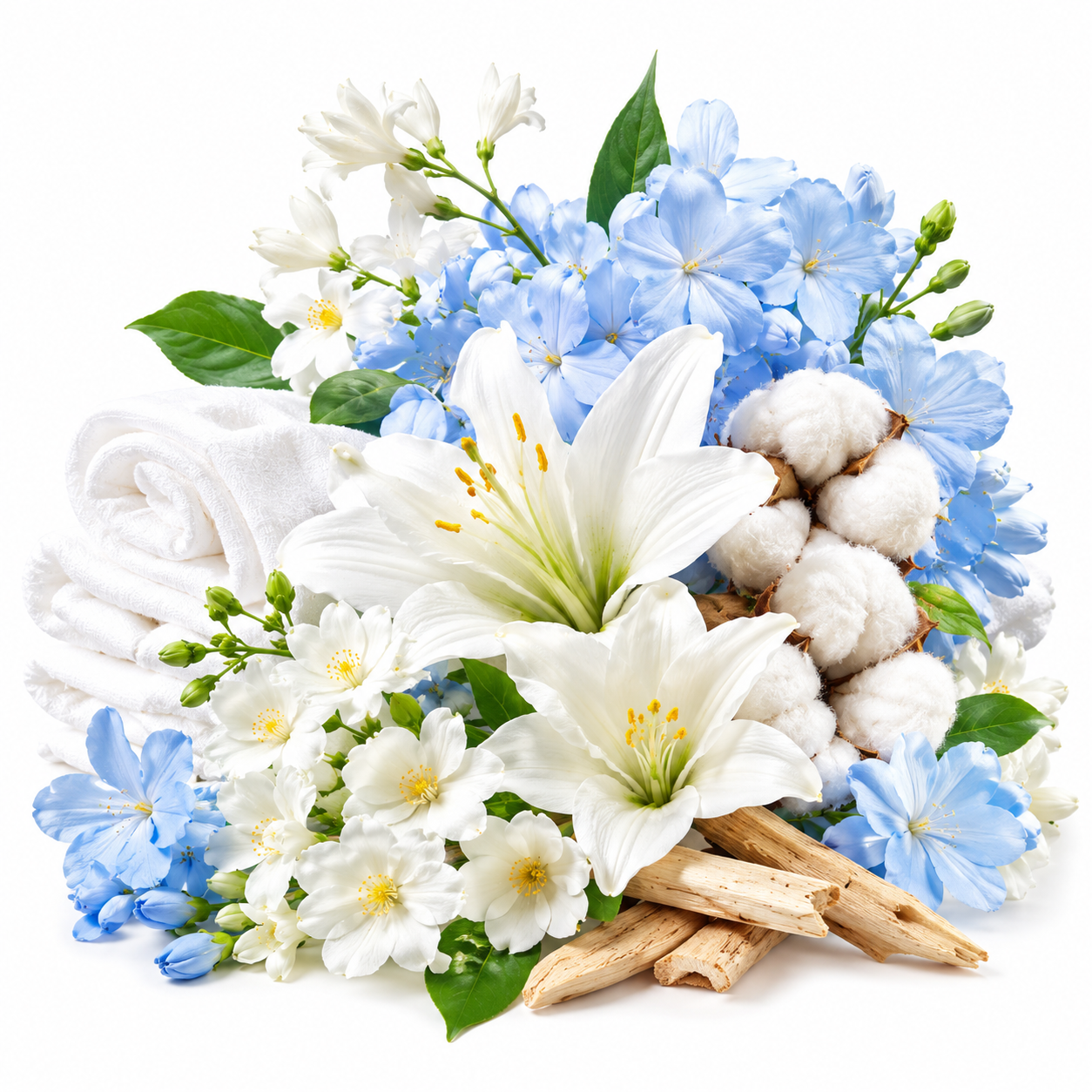 A styled arrangement of white and light blue flowers, cotton bolls, green leaves, folded white towels, and natural wood pieces on a clean white background.