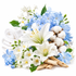 A styled arrangement of white and light blue flowers, cotton bolls, green leaves, folded white towels, and natural wood pieces on a clean white background.