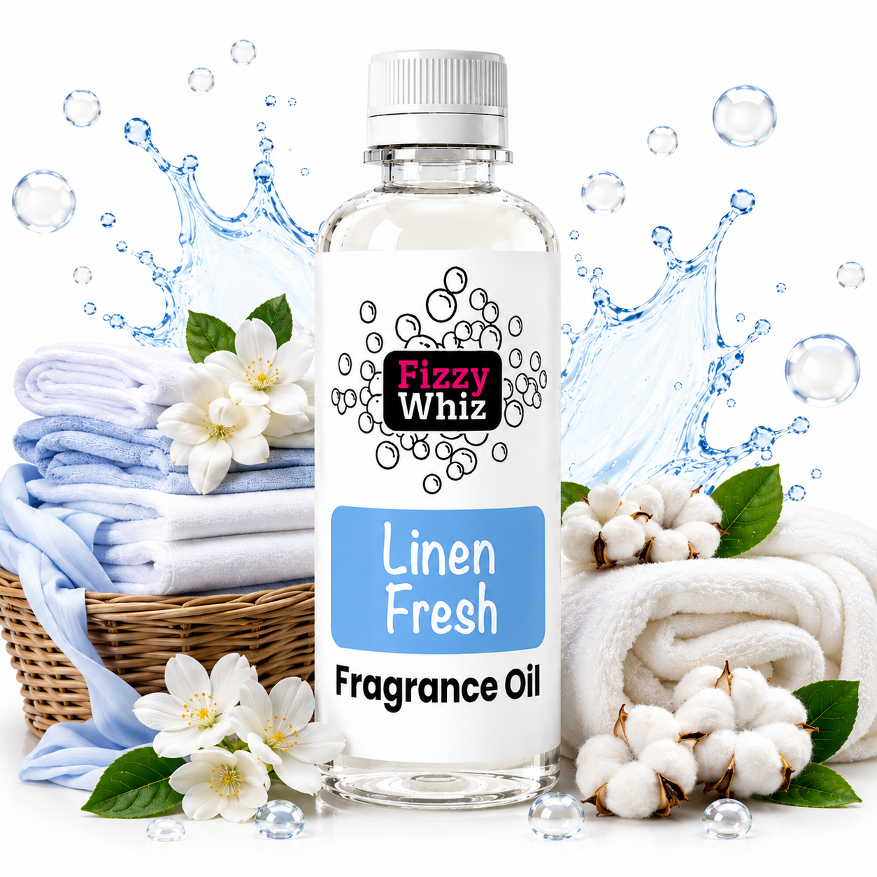 A bottle of Fizzy Whiz Linen Fresh Fragrance Oil centered on a white background, surrounded by folded white and blue towels, cotton bolls, white flowers, and blue water splash graphics.