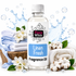 A bottle of Fizzy Whiz Linen Fresh Fragrance Oil centered on a white background, surrounded by folded white and blue towels, cotton bolls, white flowers, and blue water splash graphics.