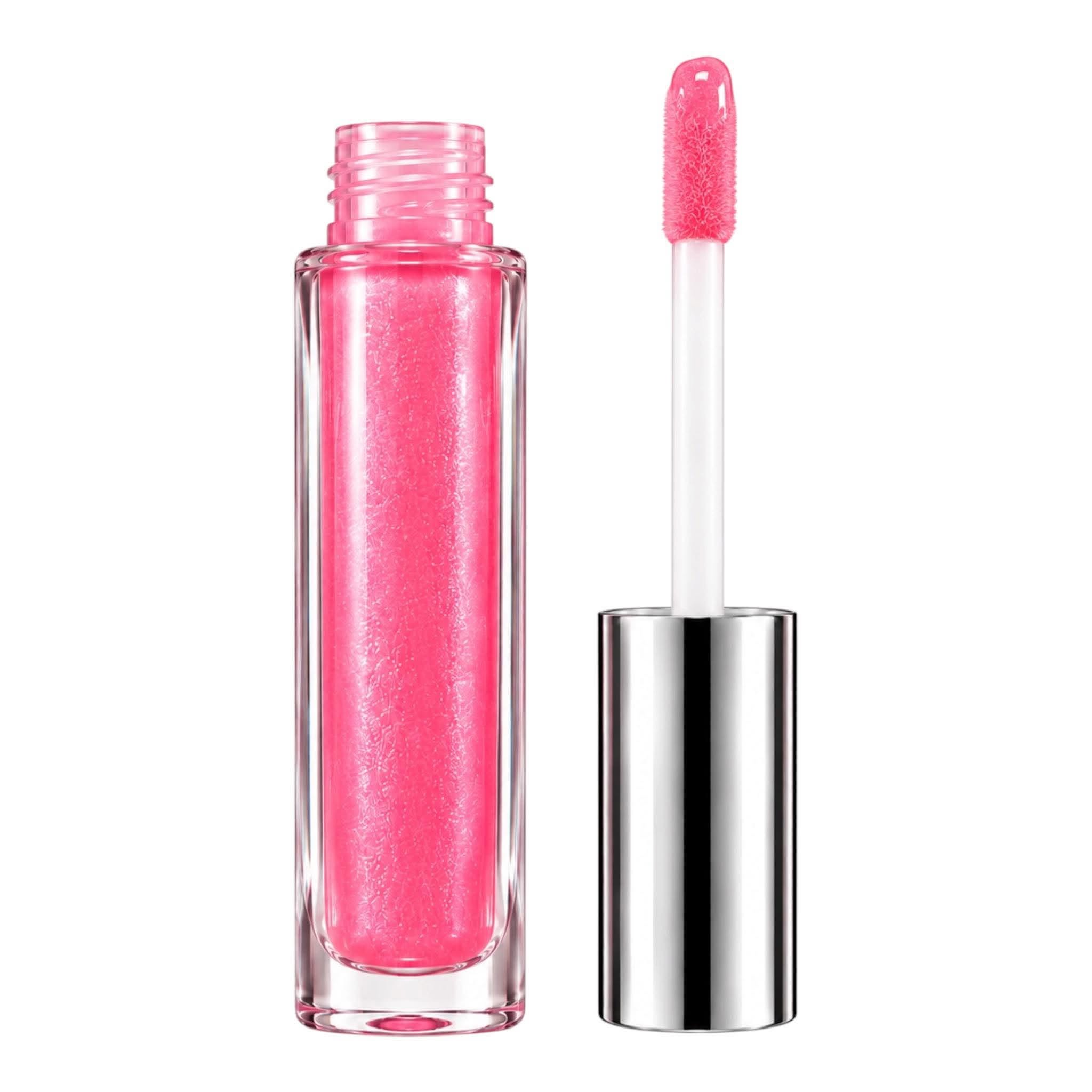 A clear rectangular lip gloss bottle filled with bright pink shimmer gloss, shown next to its applicator wand with a silver cap on a white background.
