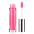 A clear rectangular lip gloss bottle filled with bright pink shimmer gloss, shown next to its applicator wand with a silver cap on a white background.
