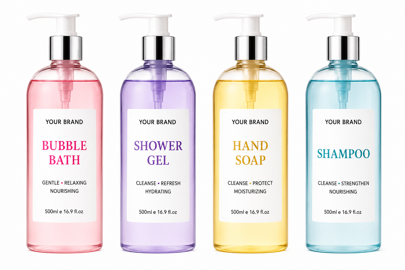 Four bottles of bubble bath, shower gel, hand soap, and shampoo with labels on a white background.