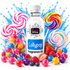 A bottle of Fizzy Whiz Lollypop fragrance oil surrounded by colorful lollipops, strawberries, raspberries, blueberries, and a glass jar of assorted candies on a white background with blue water splash graphics.