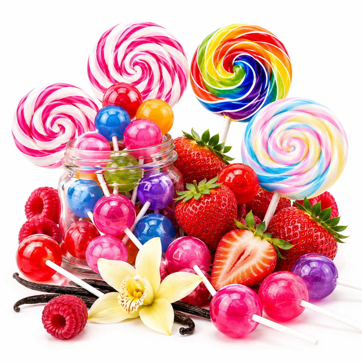 A colorful assortment of lollipops, round and swirl lollipops, glossy hard candies, strawberries, raspberries, vanilla beans, and a small yellow flower arranged around a clear glass jar on a white background.