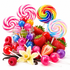 A colorful assortment of lollipops, round and swirl lollipops, glossy hard candies, strawberries, raspberries, vanilla beans, and a small yellow flower arranged around a clear glass jar on a white background.