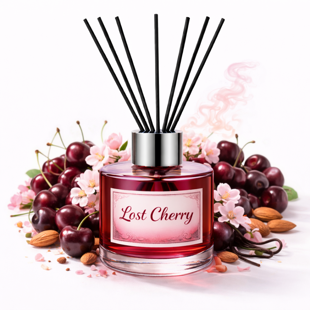 Reed diffuser labeled 'Lost Cherry' with cherry and almond decorations on a white background