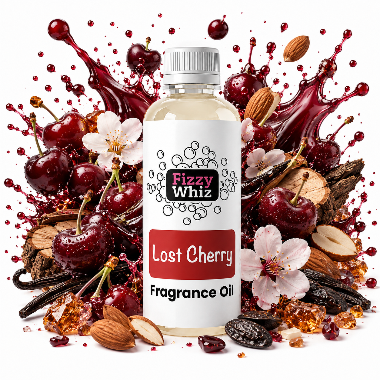 A bottle of Fizzy Whiz 'Lost Cherry' fragrance oil centered against a white background, surrounded by a stylized arrangement of dark red cherries, pink blossoms, vanilla pods, almonds, and amber crystals. The bottle has a white label with red and black text.