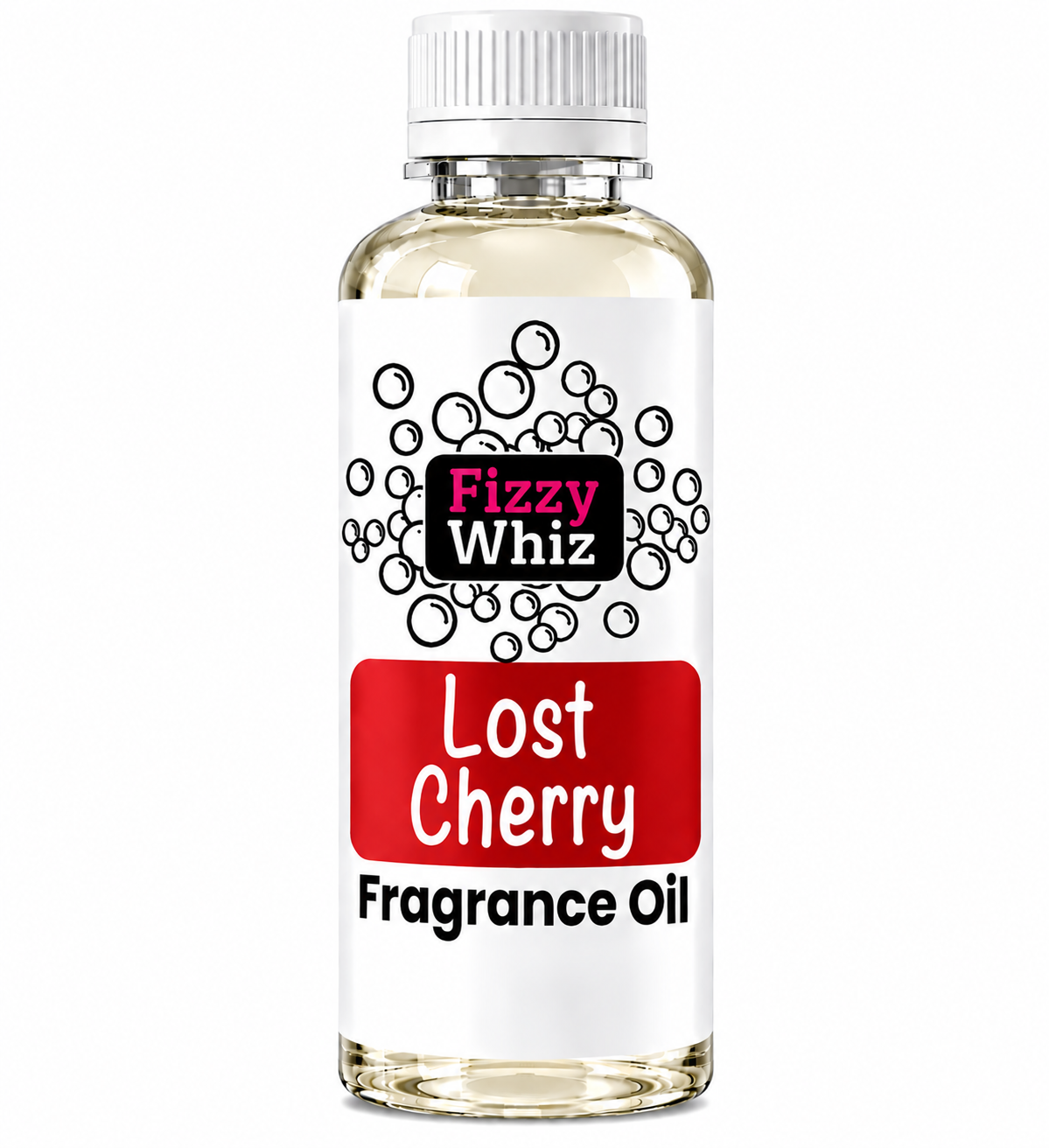 A bottle of Fizzy Whiz Lost Cherry Fragrance Oil on a plain white background. The bottle is made of clear glass, showing the pale yellow liquid inside, and has a white cap and a white label with a red block and black text.