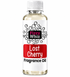 A bottle of Fizzy Whiz Lost Cherry Fragrance Oil on a plain white background. The bottle is made of clear glass, showing the pale yellow liquid inside, and has a white cap and a white label with a red block and black text.
