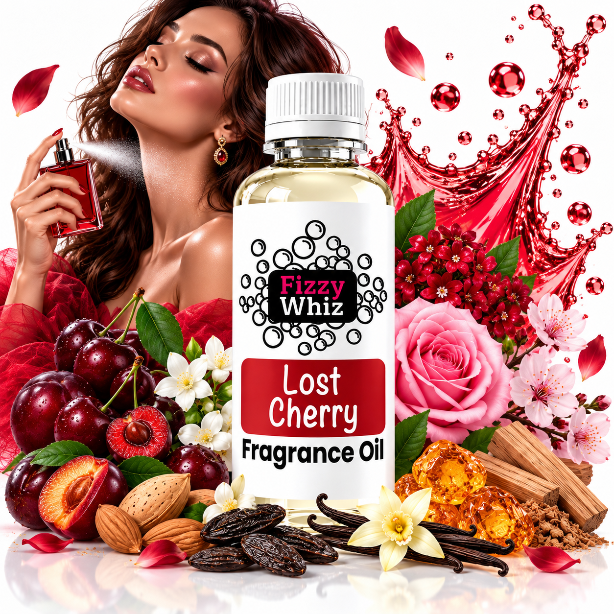 A bottle of Fizzy Whiz 'Lost Cherry' fragrance oil centered in a highly styled commercial composition. The bottle is surrounded by cherry blossoms, cherries, almonds, vanilla beans, cinnamon, and a red liquid splash graphic on a white background.