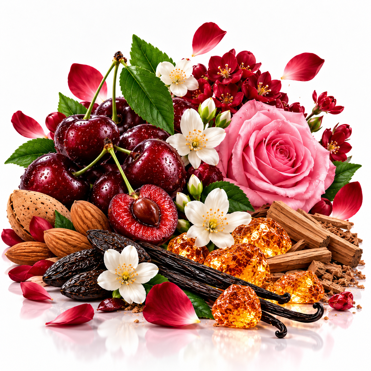 A styled botanical ingredient arrangement on a white background, featuring dark red cherries, a pink rose, white blossoms, red petals, vanilla beans, cinnamon sticks, almonds, and amber-colored resin pieces.