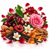 A styled botanical ingredient arrangement on a white background, featuring dark red cherries, a pink rose, white blossoms, red petals, vanilla beans, cinnamon sticks, almonds, and amber-colored resin pieces.