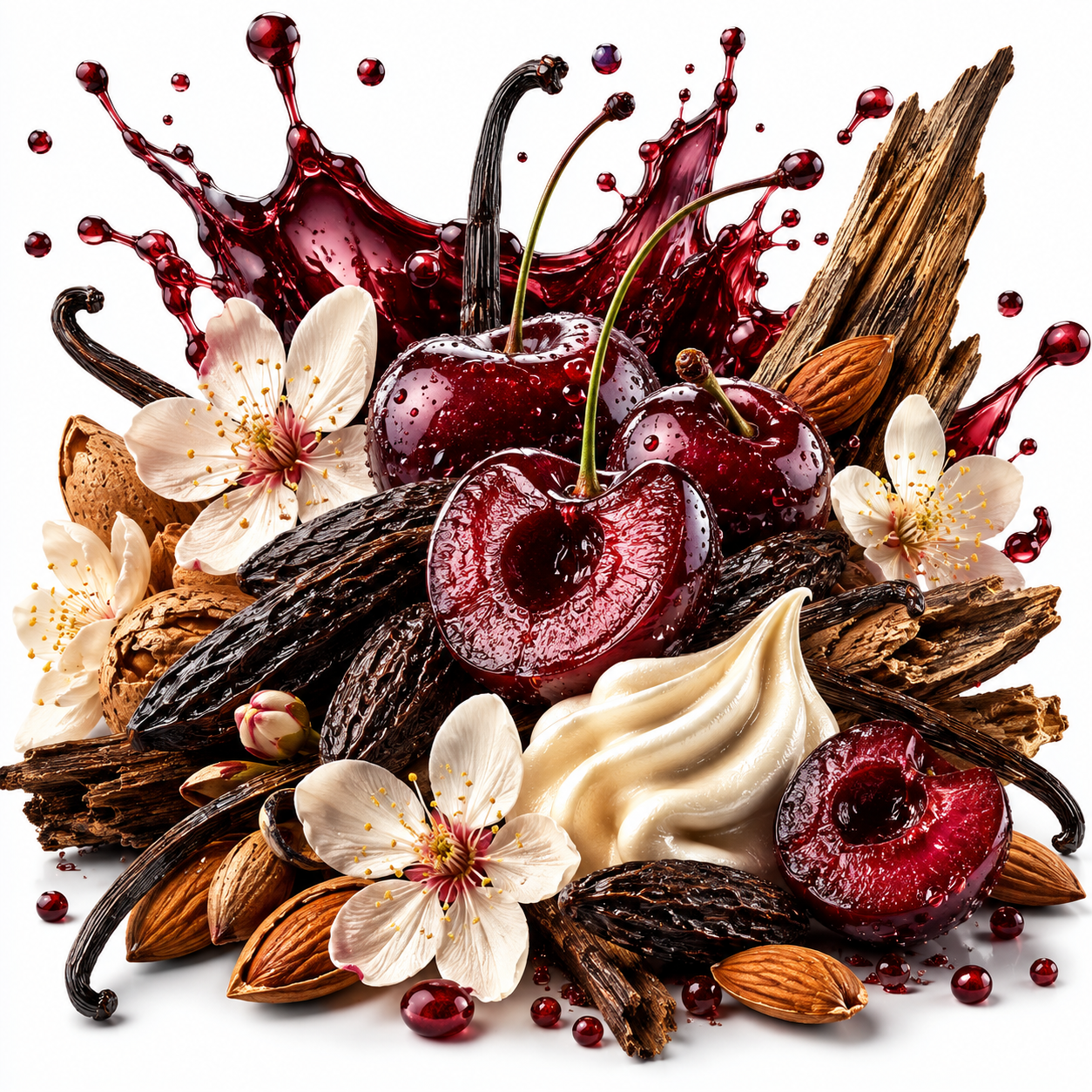 Dark cherry fragrance image featuring ripe black cherries, split juicy cherries, vanilla pods, creamy vanilla, almonds and delicate blossom flowers with rich red fragrance splashes on a clean white background.