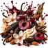 Dark cherry fragrance image featuring ripe black cherries, split juicy cherries, vanilla pods, creamy vanilla, almonds and delicate blossom flowers with rich red fragrance splashes on a clean white background.