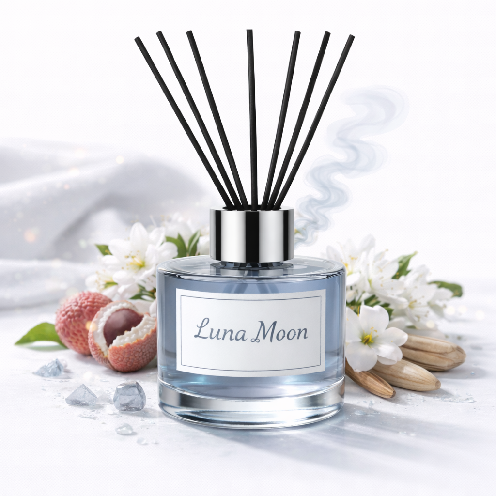 Reed diffuser labeled 'Luna Moon' with decorative elements on a white background