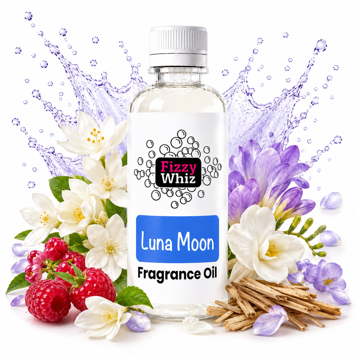 A bottle of Fizzy Whiz Luna Moon Fragrance Oil centered on a white background, surrounded by white flowers, purple flowers, red raspberries, wood chips, and a purple water splash graphic.
