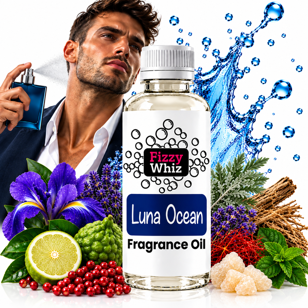 A bottle of Fizzy Whiz Luna Ocean Fragrance Oil centered in the foreground, surrounded by illustrated fragrance ingredients including purple flowers, a lime, red berries, green leaves, and a water splash graphic on a white background. A man holding a perfume bottle appears in the upper left, contributing to a lifestyle-style promotional composition.