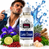 A bottle of Fizzy Whiz Luna Ocean Fragrance Oil centered in the foreground, surrounded by illustrated fragrance ingredients including purple flowers, a lime, red berries, green leaves, and a water splash graphic on a white background. A man holding a perfume bottle appears in the upper left, contributing to a lifestyle-style promotional composition.