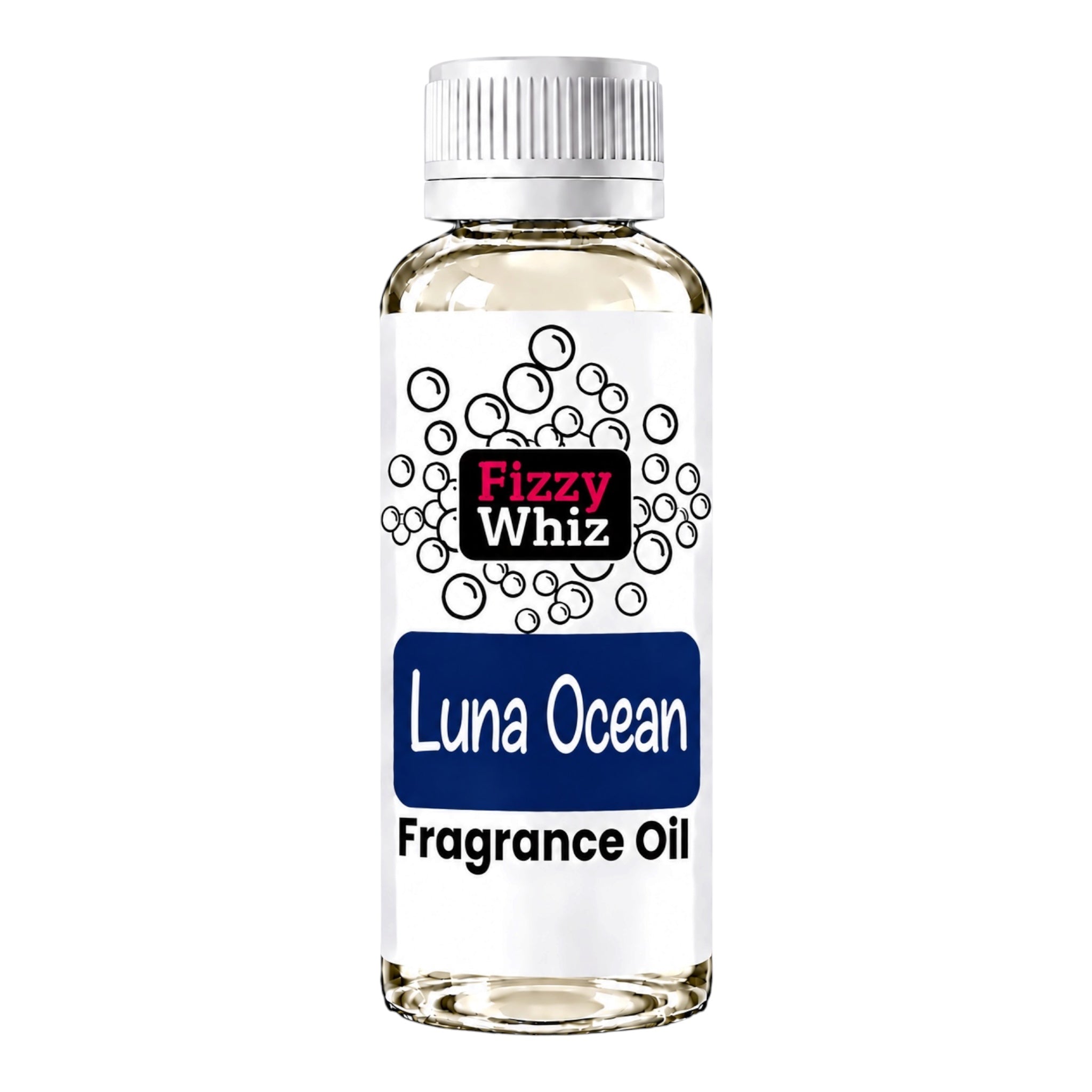 A bottle of Fizzy Whiz Luna Ocean Fragrance Oil on a solid white background. The bottle is made of clear glass showing a light yellow liquid inside, topped with a white ribbed cap.