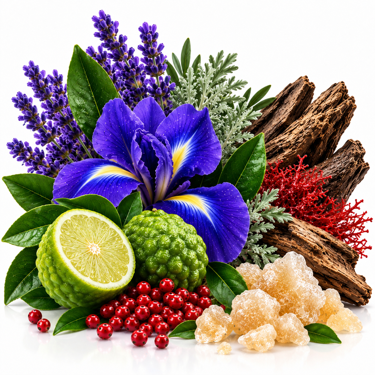A styled botanical arrangement on a white background featuring a vivid blue-purple iris flower, purple lavender sprigs, green leaves, a lime half, a green custard apple, red berries, pale crystalline sugar, and brown driftwood.