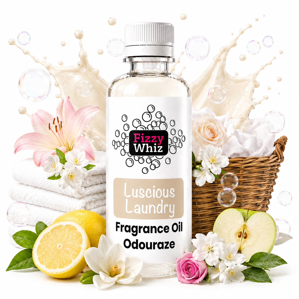 A bottle of Bizzy Whiz Luscious Laundry Fragrance Oil surrounded by laundry-themed props including folded white towels, a wicker basket with white fabric, flowers, lemons, and sliced fruit on a white background with soap bubbles and splash graphics.