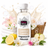 A bottle of Bizzy Whiz Luscious Laundry Fragrance Oil surrounded by laundry-themed props including folded white towels, a wicker basket with white fabric, flowers, lemons, and sliced fruit on a white background with soap bubbles and splash graphics.
