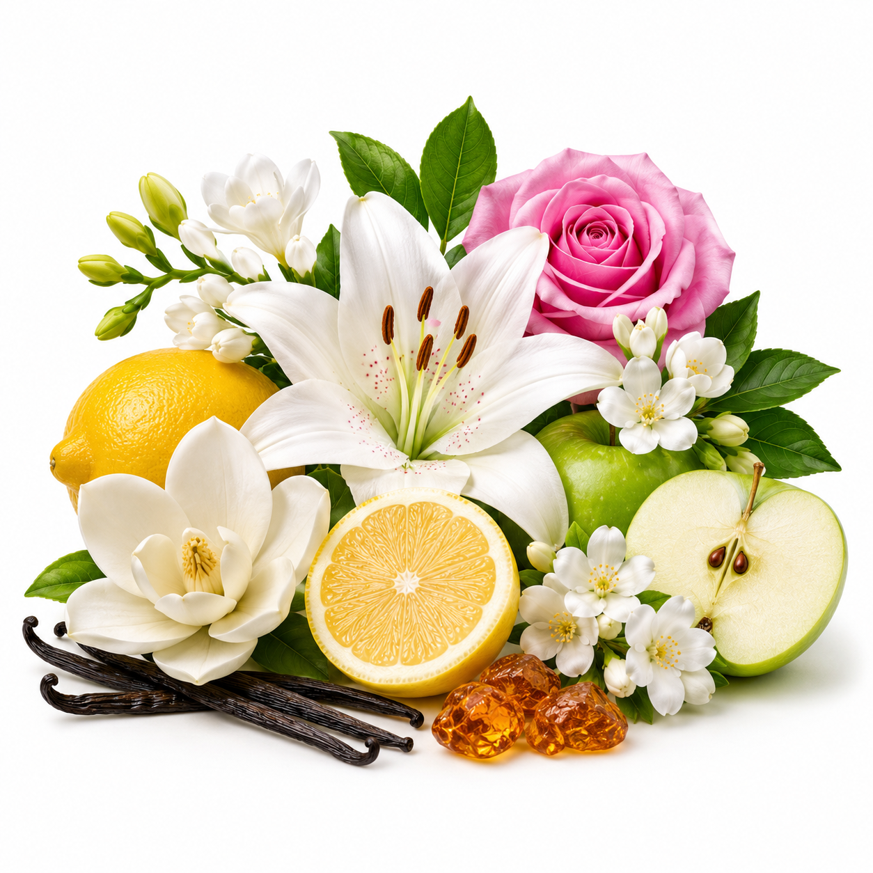 A styled botanical and floral arrangement on a white background featuring a pink rose, white lilies, white blossoms, green leaves, a yellow lemon whole and halved, a green apple halved, vanilla beans, and amber honeycomb pieces.