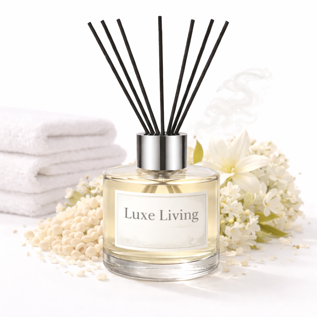 Diffuser with black reeds and 'Luxe Living' label on a white background with flowers and towels.