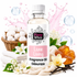 A bottle of Fizzy Whiz LuxE Living Fragrance Oil centered on a white background, surrounded by decorative props including cotton bolls in a basket, folded white towels, white flowers, amber wax melts, vanilla beans, and pink splash graphics.
