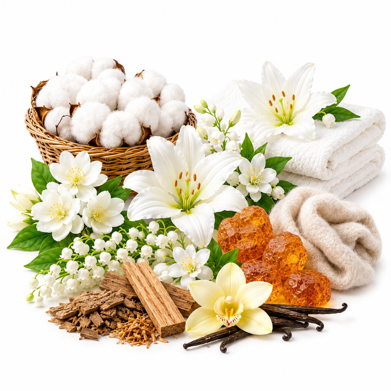 A styled spa-themed arrangement on a white background featuring a basket of cotton, folded white and beige towels, white lilies, small white blossoms, amber-colored stones, cinnamon sticks, vanilla beans, and wood pieces.