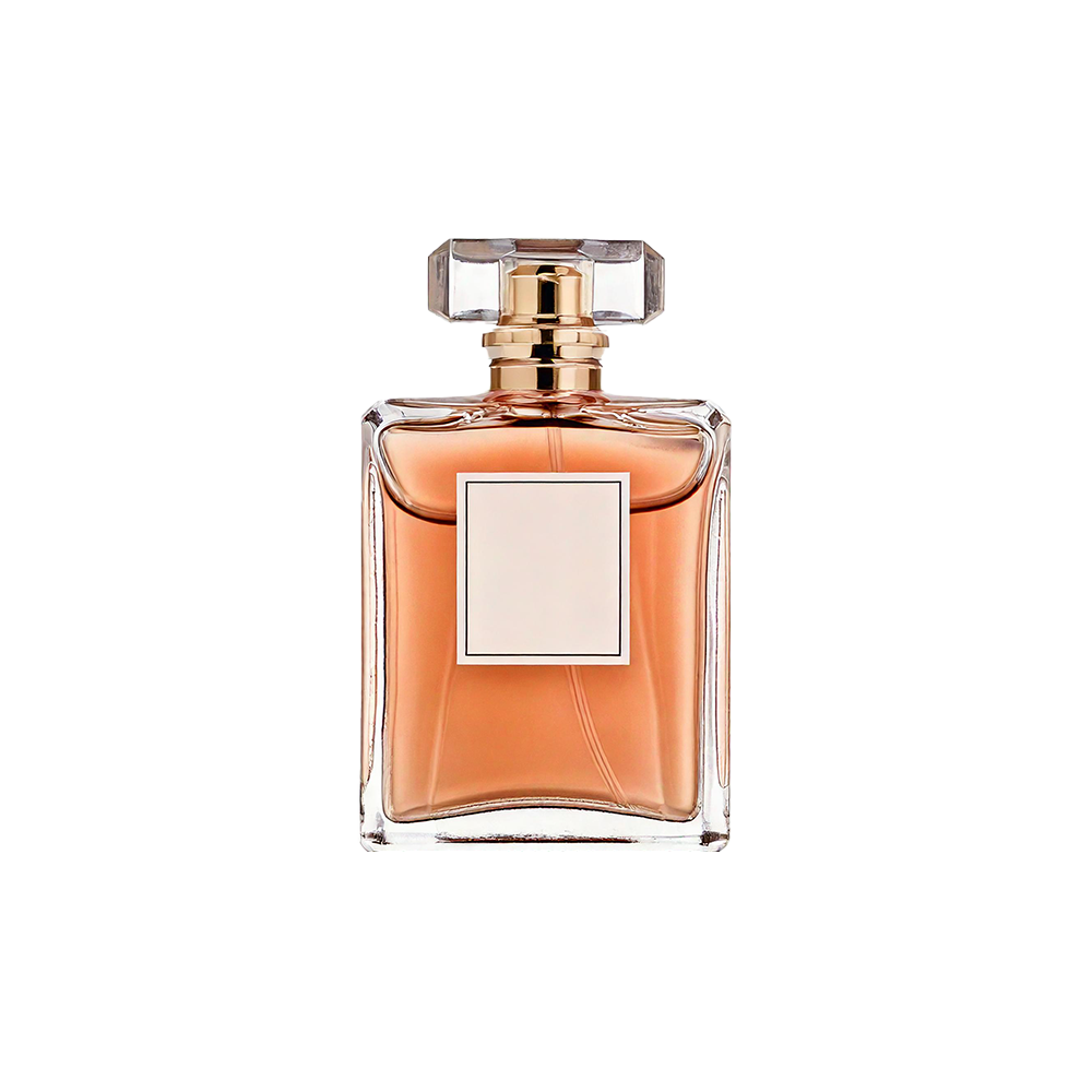 A bottle of Mademoiselle Fragrance Oil with a pinkish hue, showcasing a elegant, square-shaped design with a gold cap.