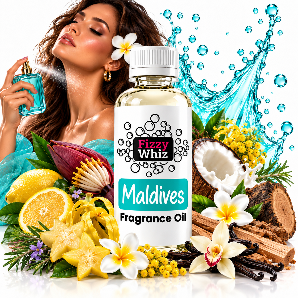 A bottle of Fizzy Whiz Maldives Fragrance Oil centered on a white background, surrounded by tropical ingredients including lemons, starfruit, plumeria, vanilla, coconut, and a woman holding a perfume spray bottle. A blue water splash graphic appears behind the bottle.