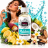 A bottle of Fizzy Whiz Maldives Fragrance Oil centered on a white background, surrounded by tropical ingredients including lemons, starfruit, plumeria, vanilla, coconut, and a woman holding a perfume spray bottle. A blue water splash graphic appears behind the bottle.
